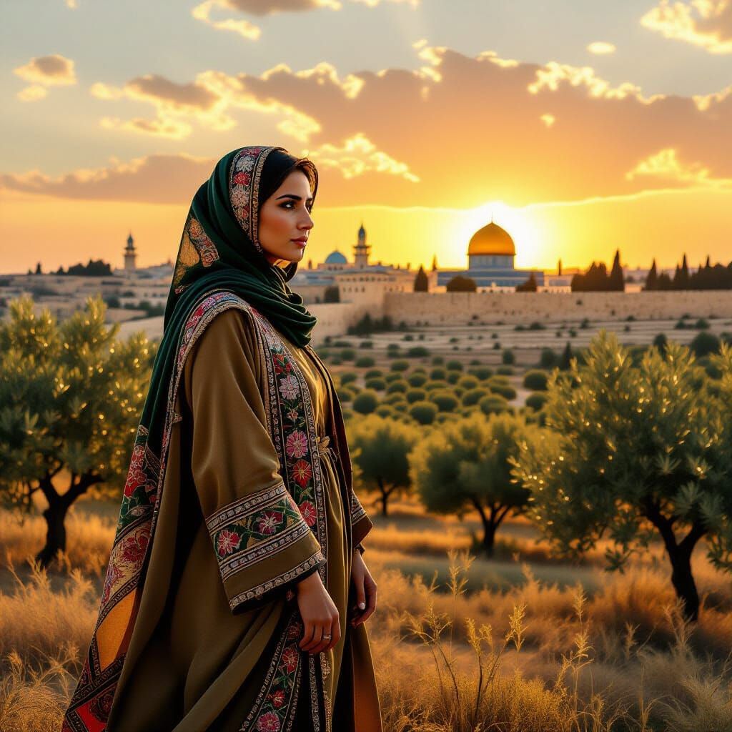 Palestinian Woman in Olive Grove at Sunset