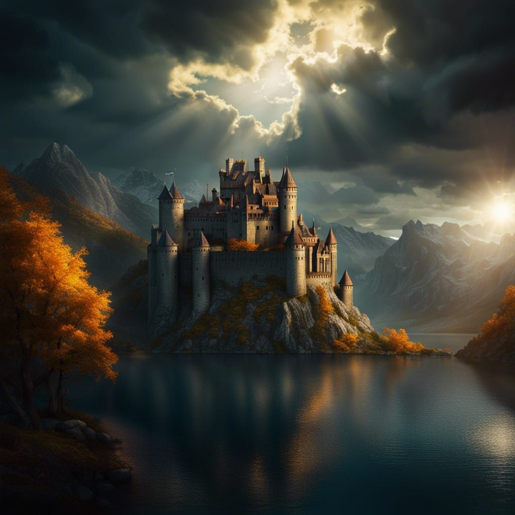Medieval Castle Overlooking Lake in Fantasy Art