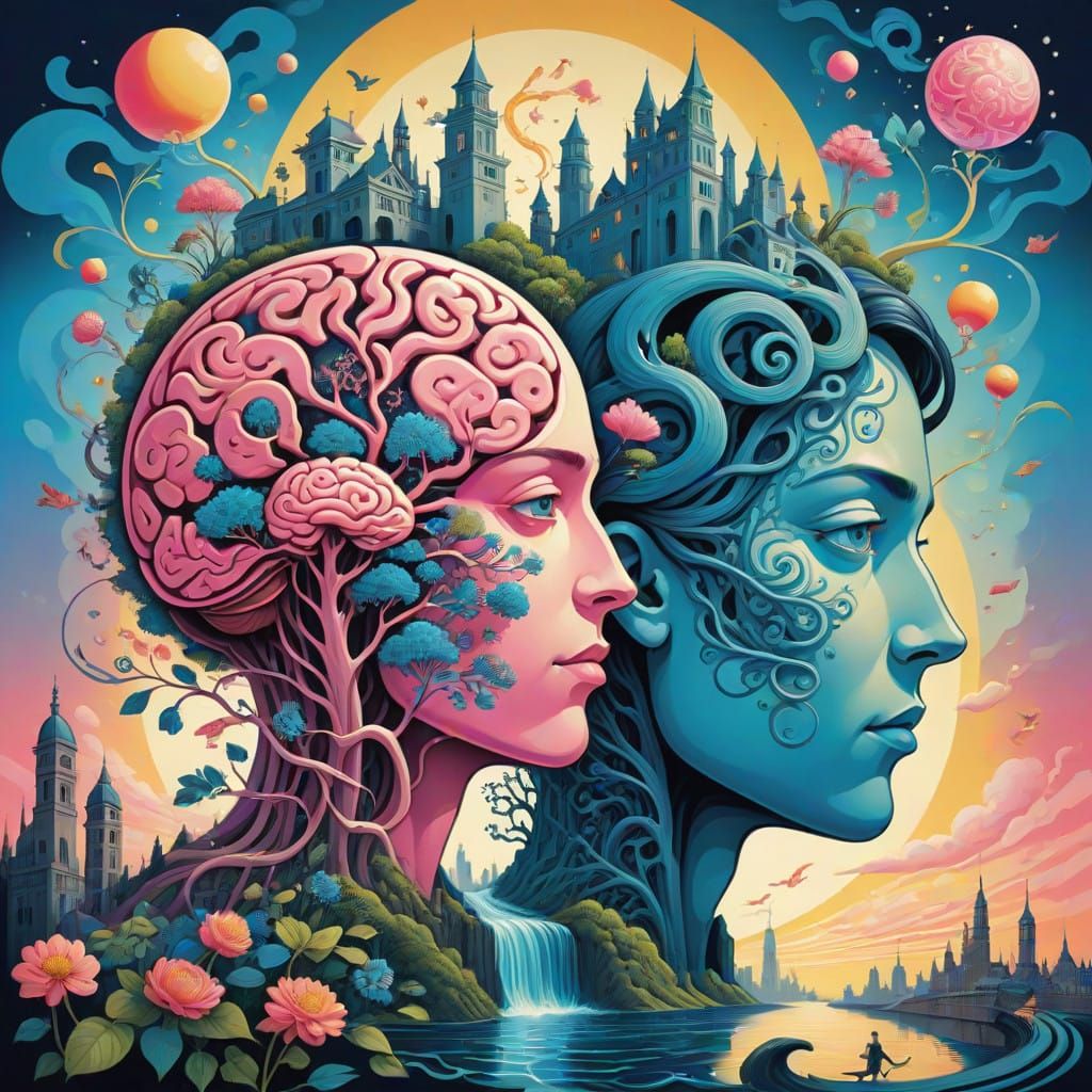 Surrealist Brain Illusion in Whimsical Art Nouveau Style