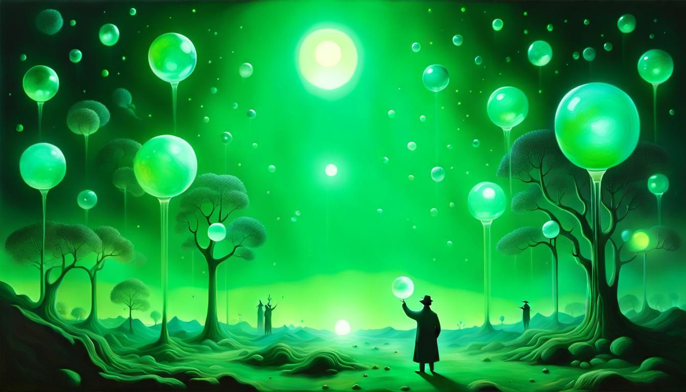 Surreal Jangseung with Glowing Orbs in Neon Light