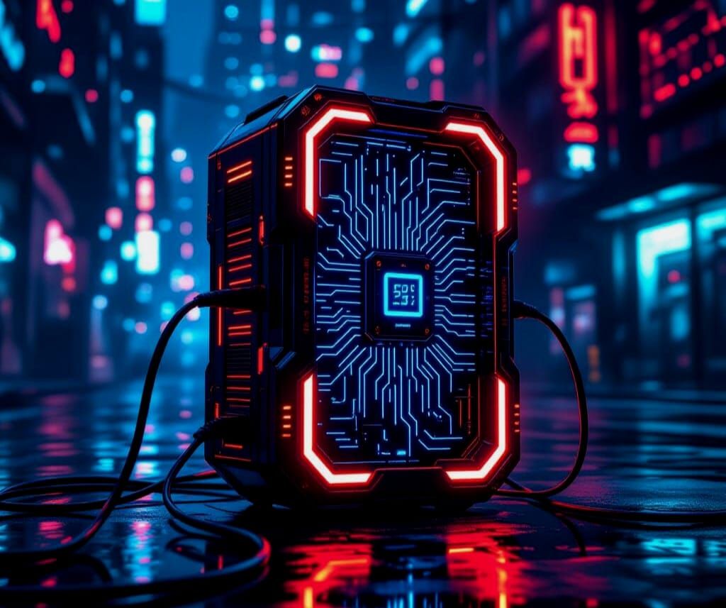 Cyberpunk Power Bank Station with Red Lights