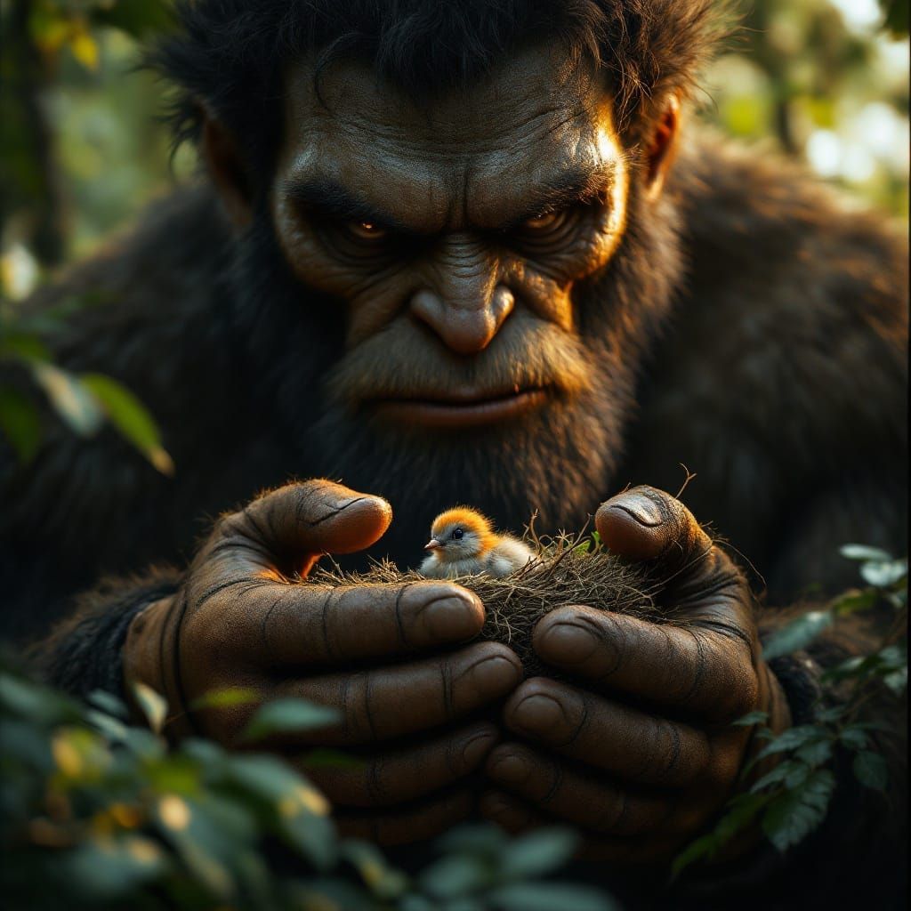 Forest Giant Gently Returns Baby Bird to Nest