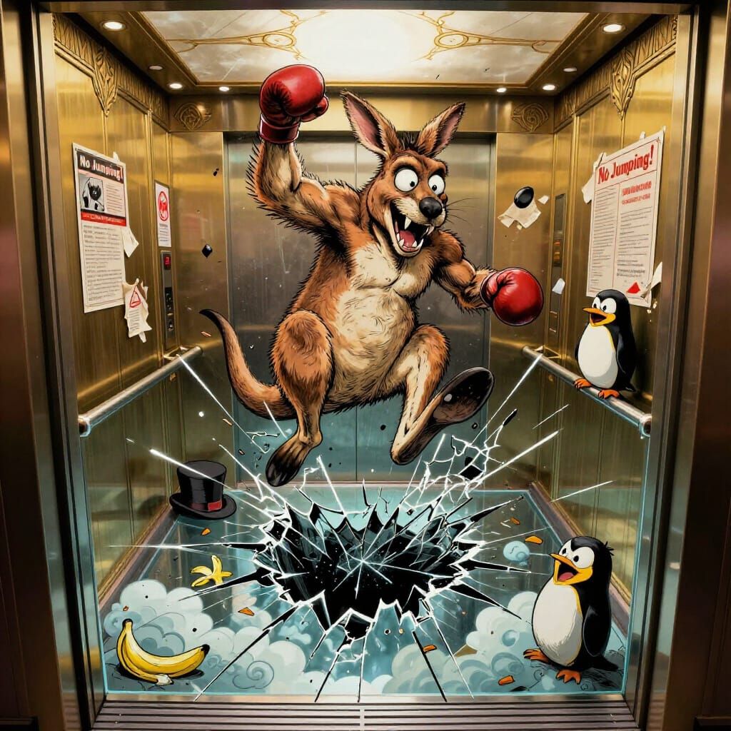 Grotesque Cartoon Kangaroo Jumps in Shattering Glass Elevato...