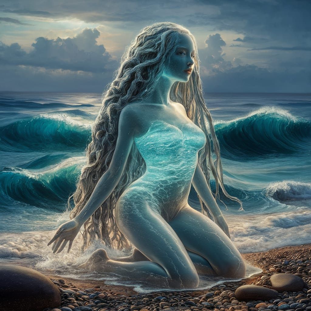 Surreal Woman Merging with Ocean: Hyperrealistic Airbrush Ar...