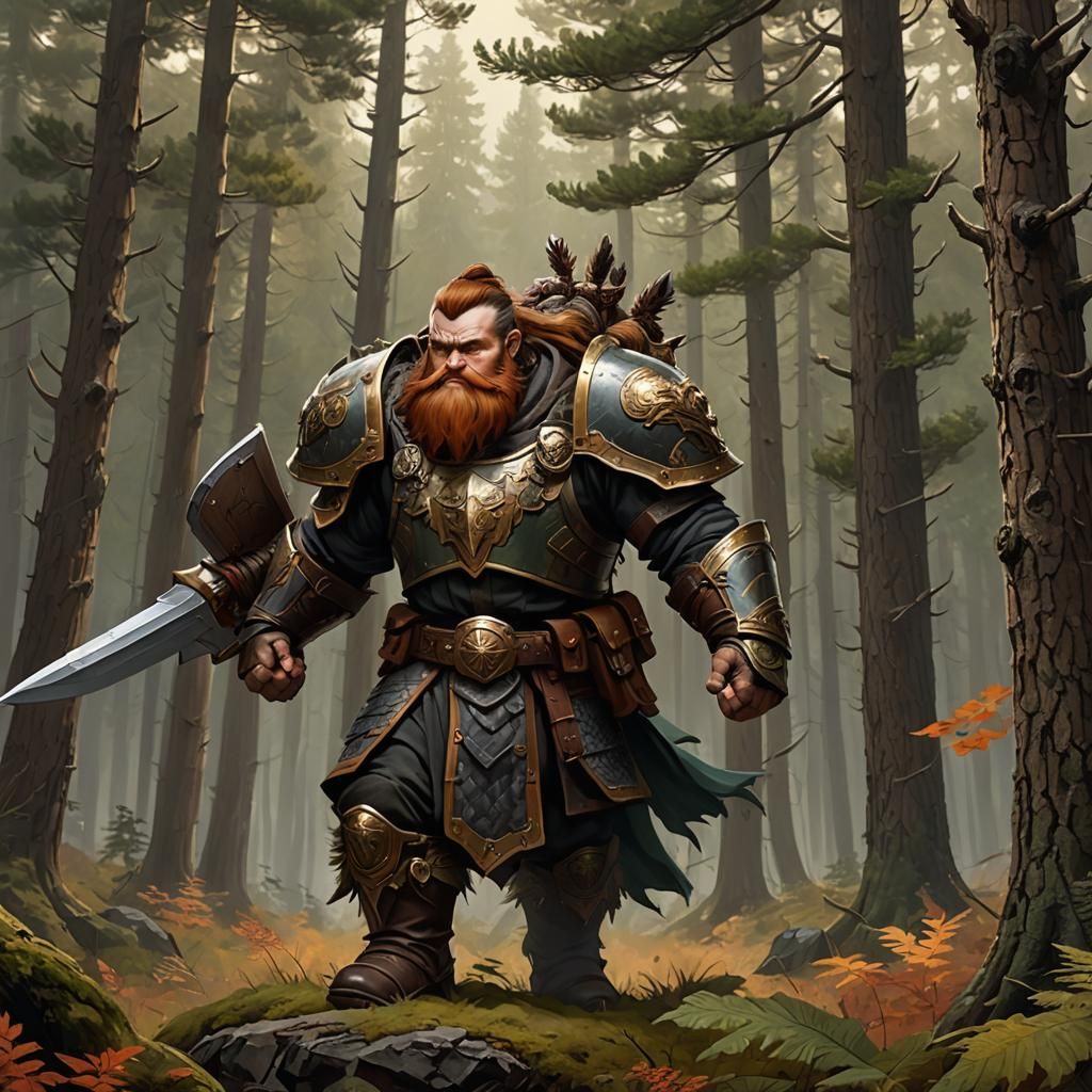Dwarf Fighter in Autumn Forest with Hawk
