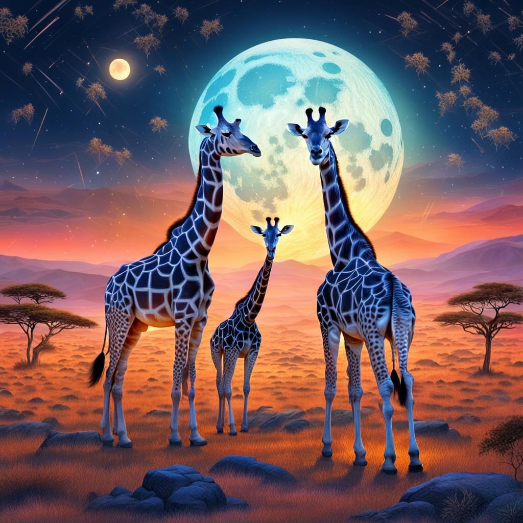 Giraffes on a Plain Under Moonlight, Astral Illustration