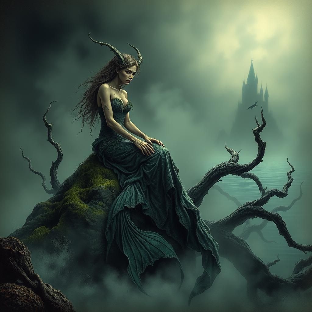 Menacing Mermaid Siren in Misty Bay