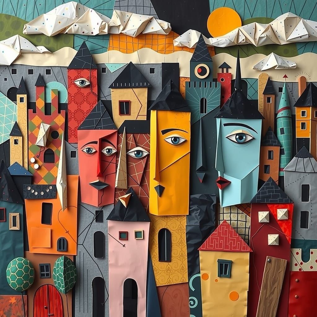 Cubist Cityscape in Expressionist Collage Style