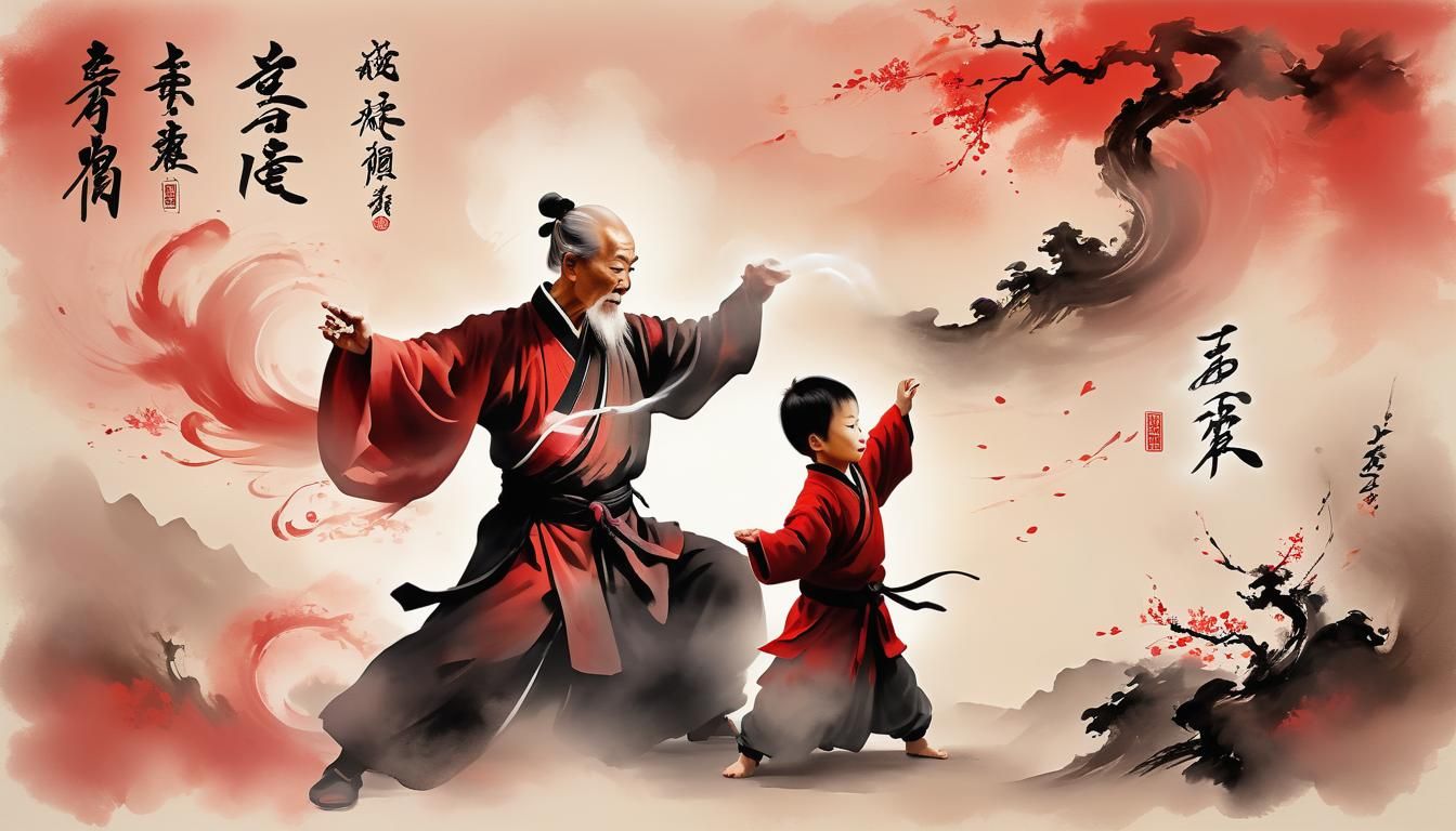 Kung-Fu Master and Toddler Sparring in Ink Wash Painting