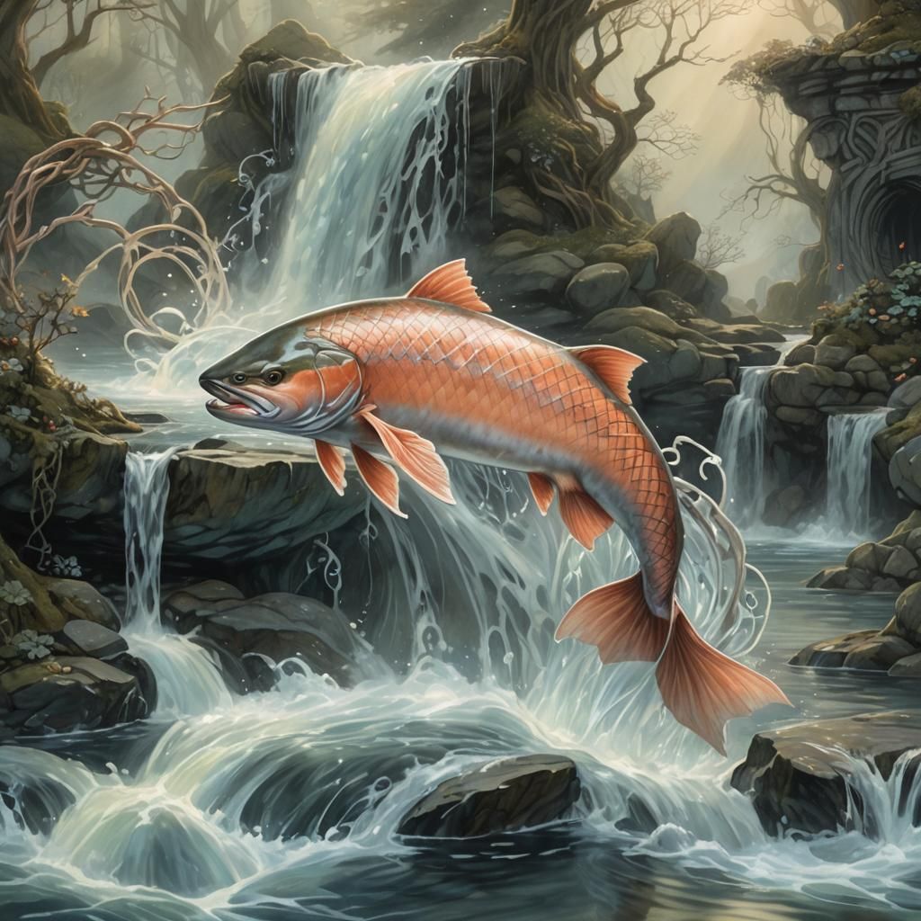 Mystical Salmon Leaping from Celtic Pool
