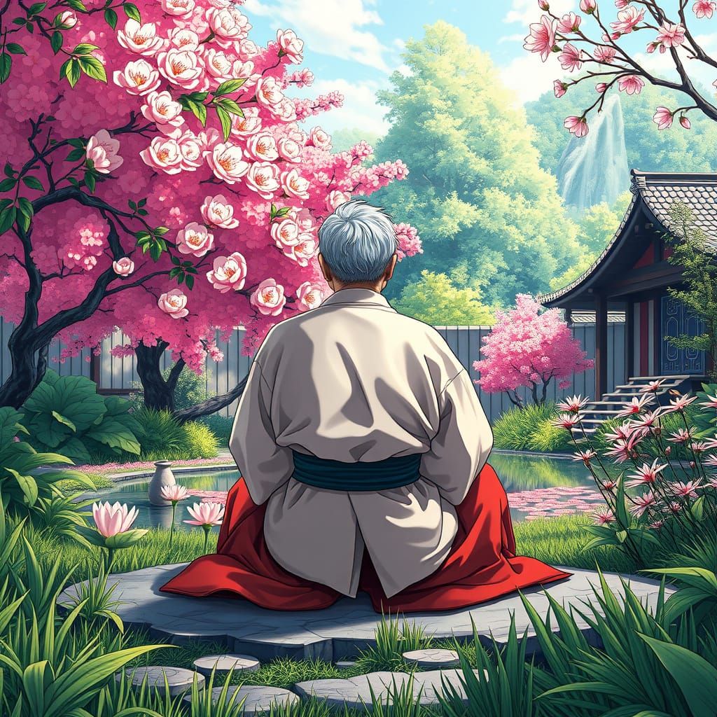 Wise Karate Sensei Meditating in Blossom Garden