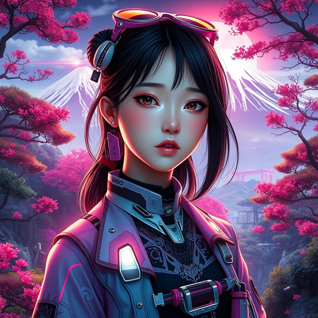 Japanese High School Girl in Futuristic Mount Fuji Landscape