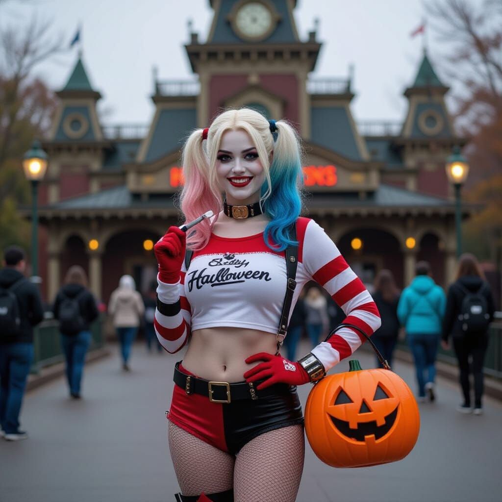 Harley Quinn in Halloween Costume at Haunted Amusement Park