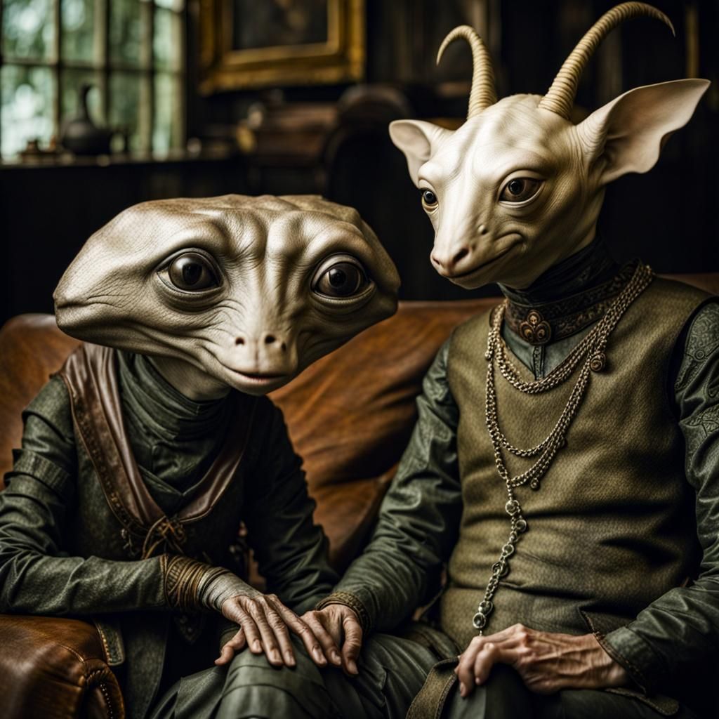 Surreal Restaurant Scene with Beautiful Aliens