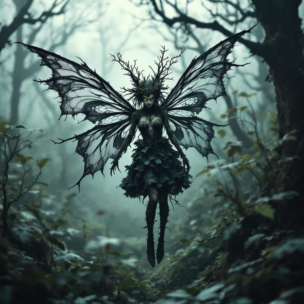 Ethereal Fairy in Dark, Haunting Forest Landscape