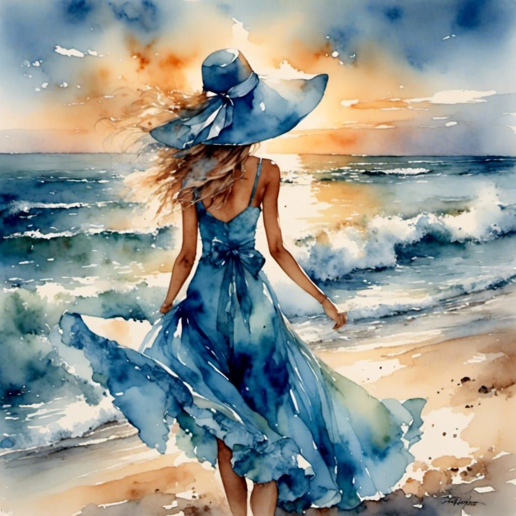 Airbrushed Woman in Blue Polygonal Dress at Sunset