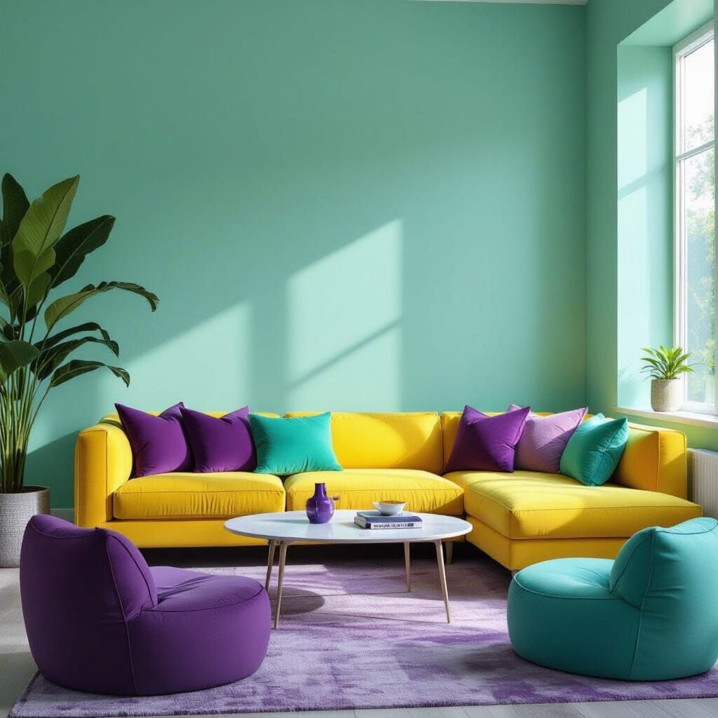 Mint Green Room With Yellow Modular Sofa and Purple Accents