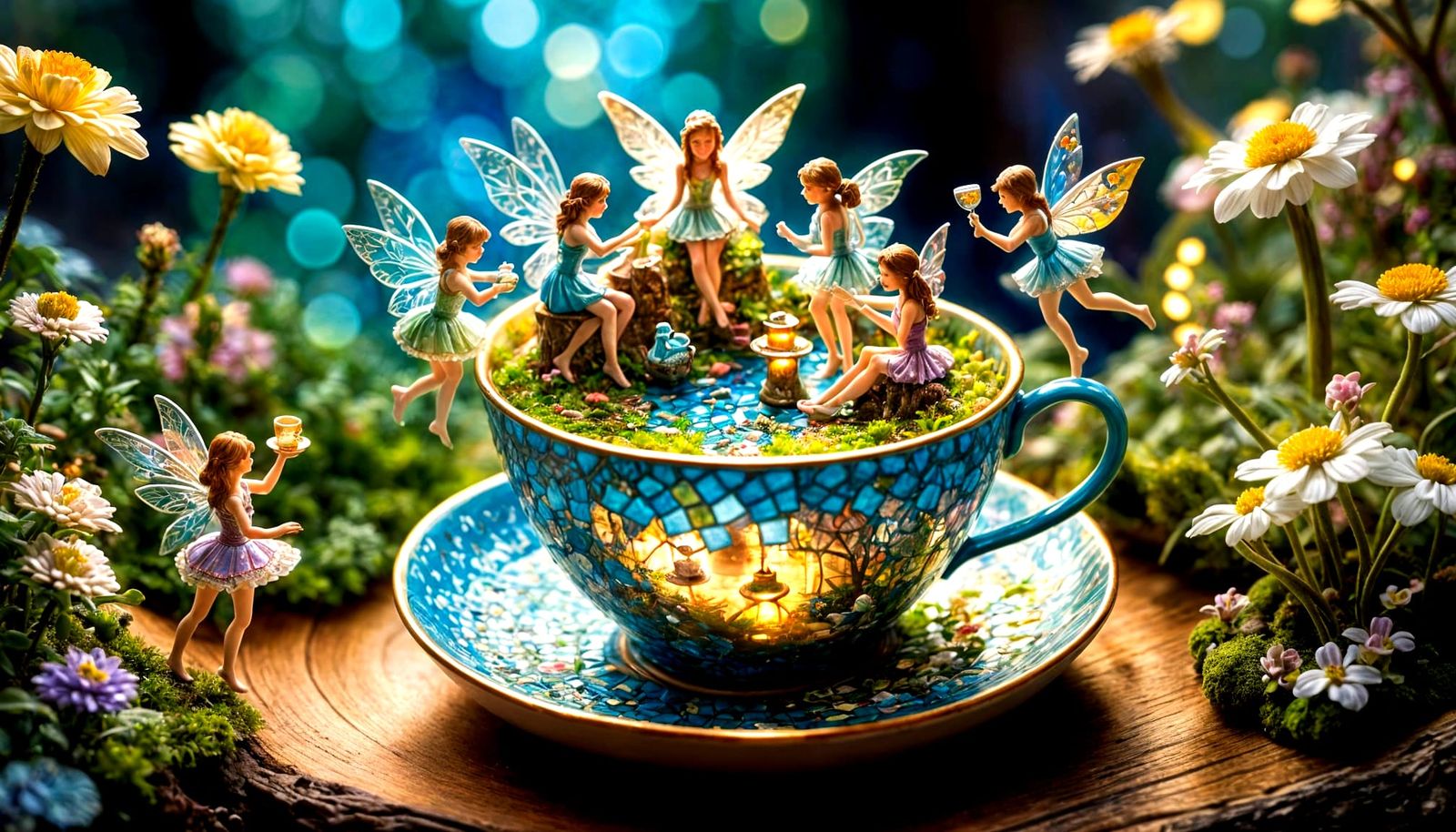 Fairy Tale Scenes Unfolding Within Teacups