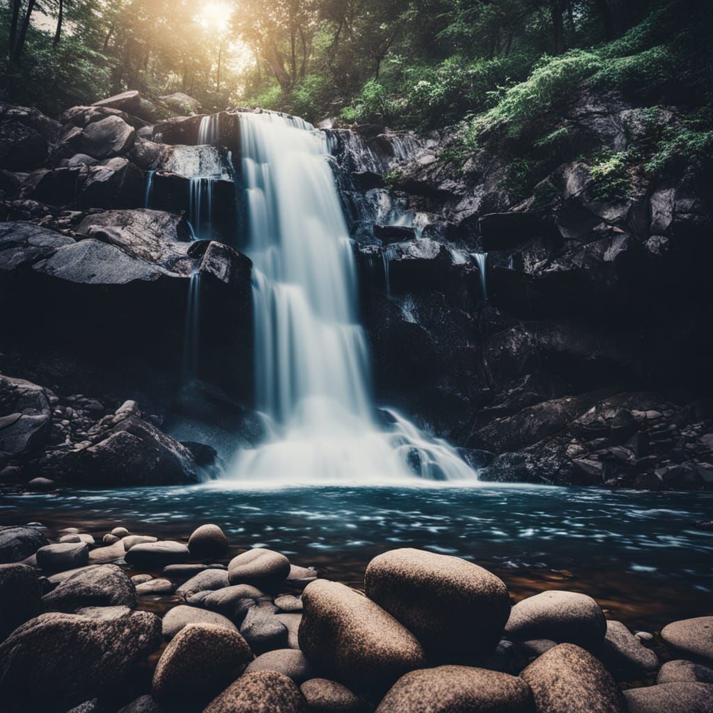 Dramatic Waterfall Scene with Cinematic Lighting