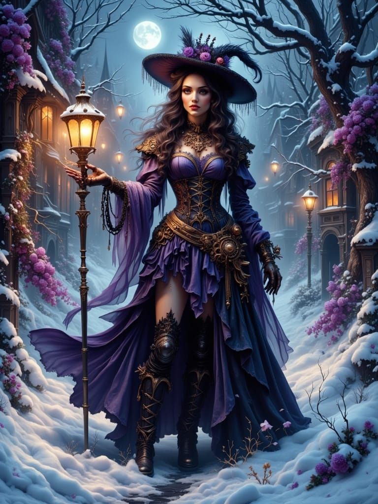 Steampunk Woman on Snowy Halloween Night