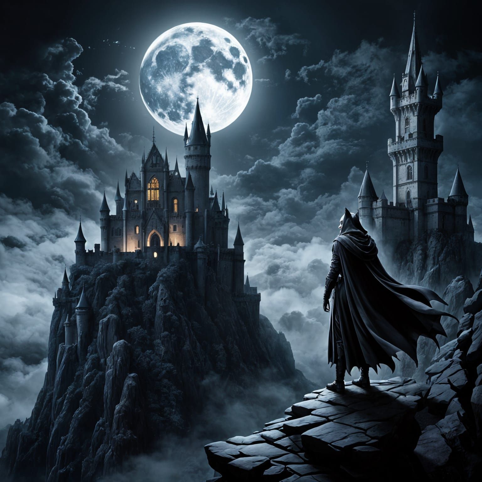 Moonlit Gothic Castle with Hooded Figure and Wolf
