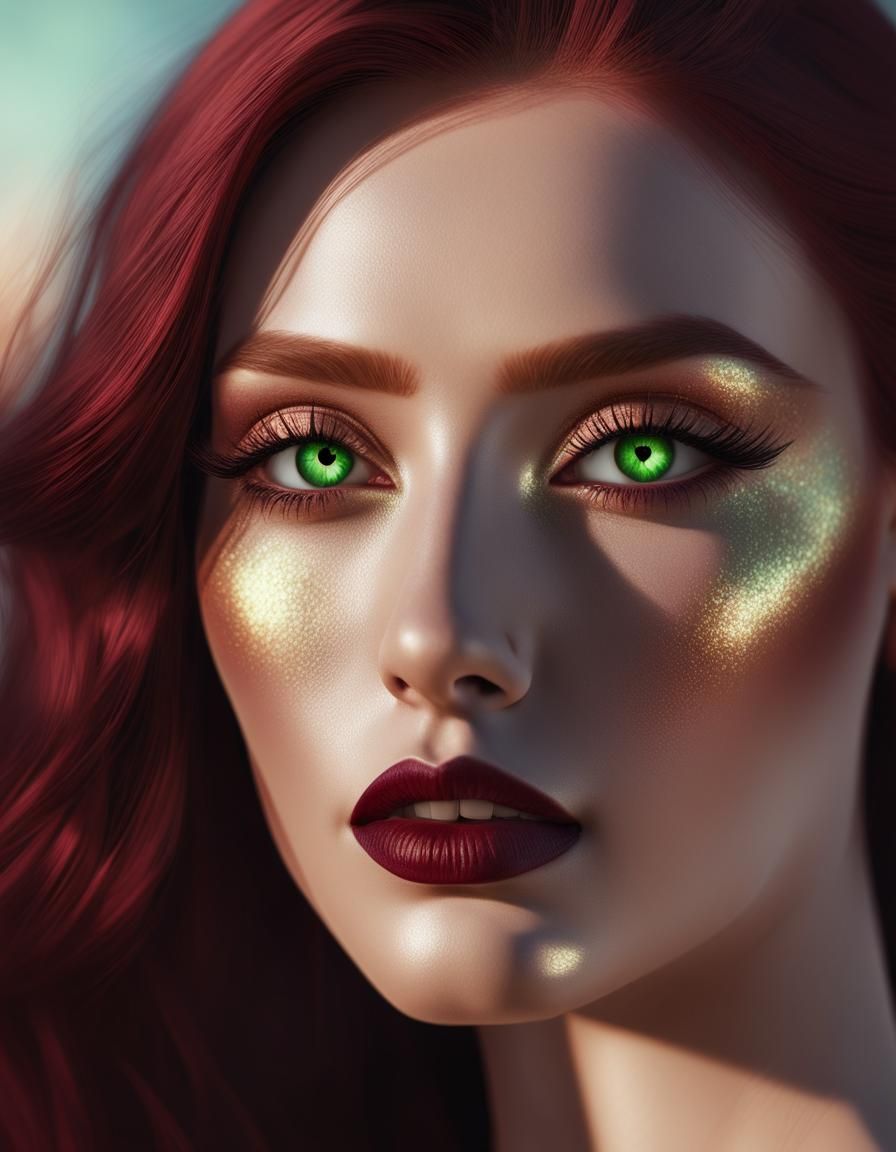 Ethereal young lady with long Burgundy hair and green eyes with Burgundy eyeshadow with Burgundy eyeliner and Burgundy l...