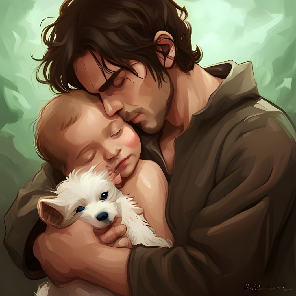 Infant and Dog Portrait in Hyperdetailed Style