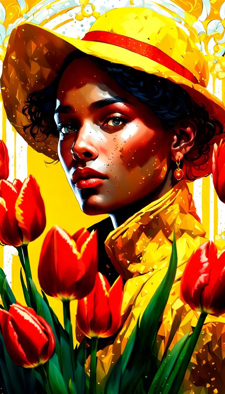 Woman in Yellow with Red Tulips: Hyperdetailed Portrait