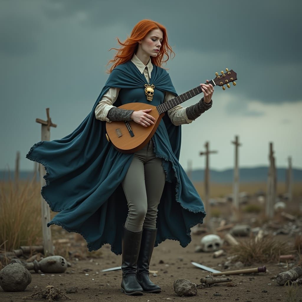 Red-Haired Girl Plays Lute on Battlefield