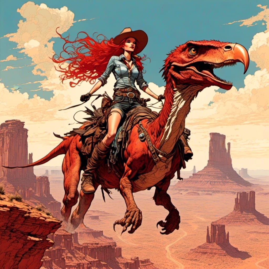 Cowgirl Rides Pterodactyl in Desert: Comic Book Art