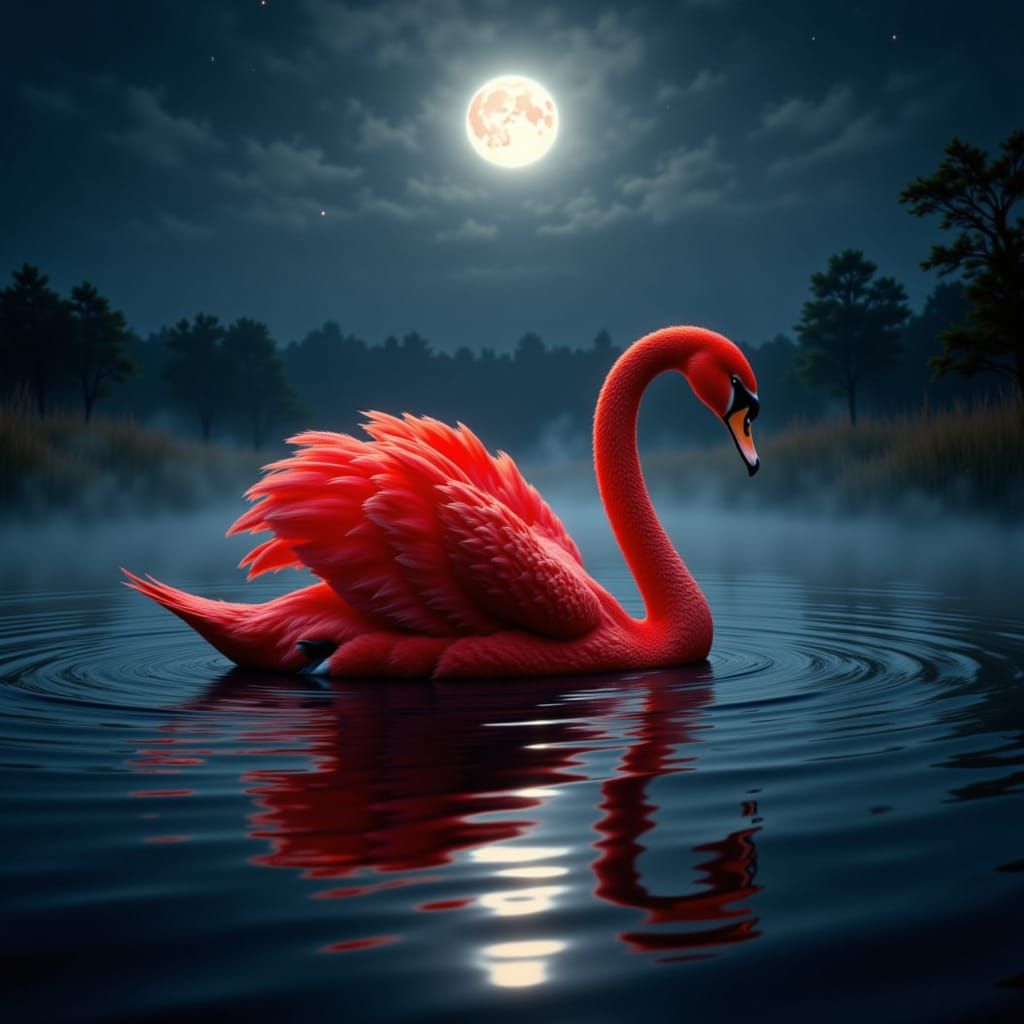 Red Swan Swimming on Moonlit Lake