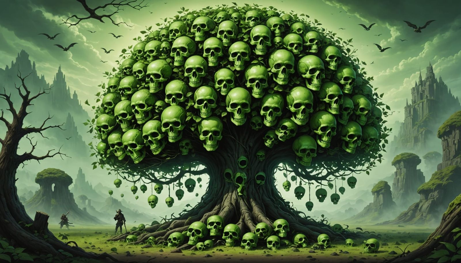 Mysterious Tree of Green Skulls in a Haunting Landscape