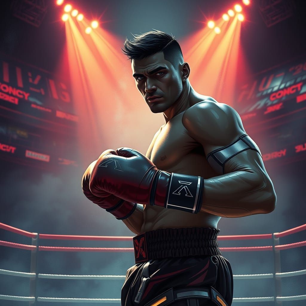 Intense Boxer in Gritty Arena, Dark Futuristic Style