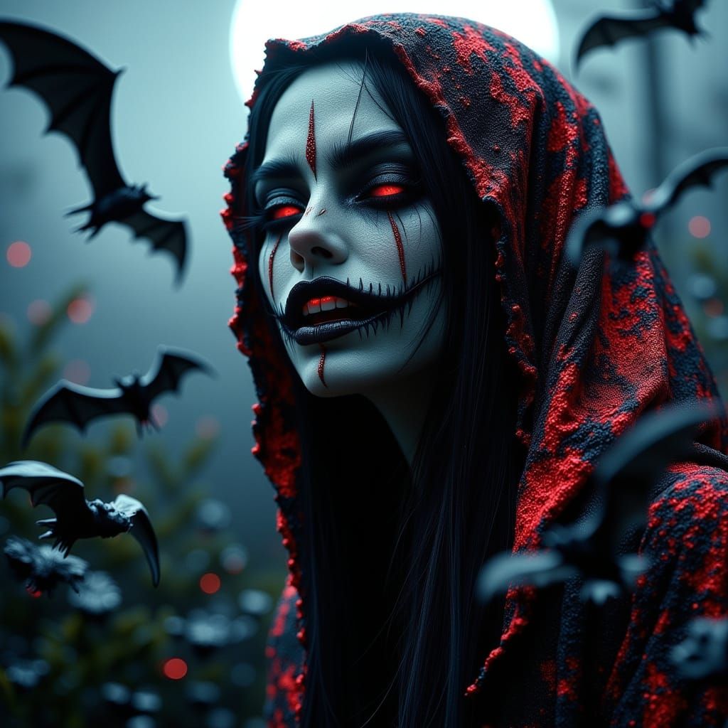 Dark Gothic Vampiress in Crimson Velvet Cloak
