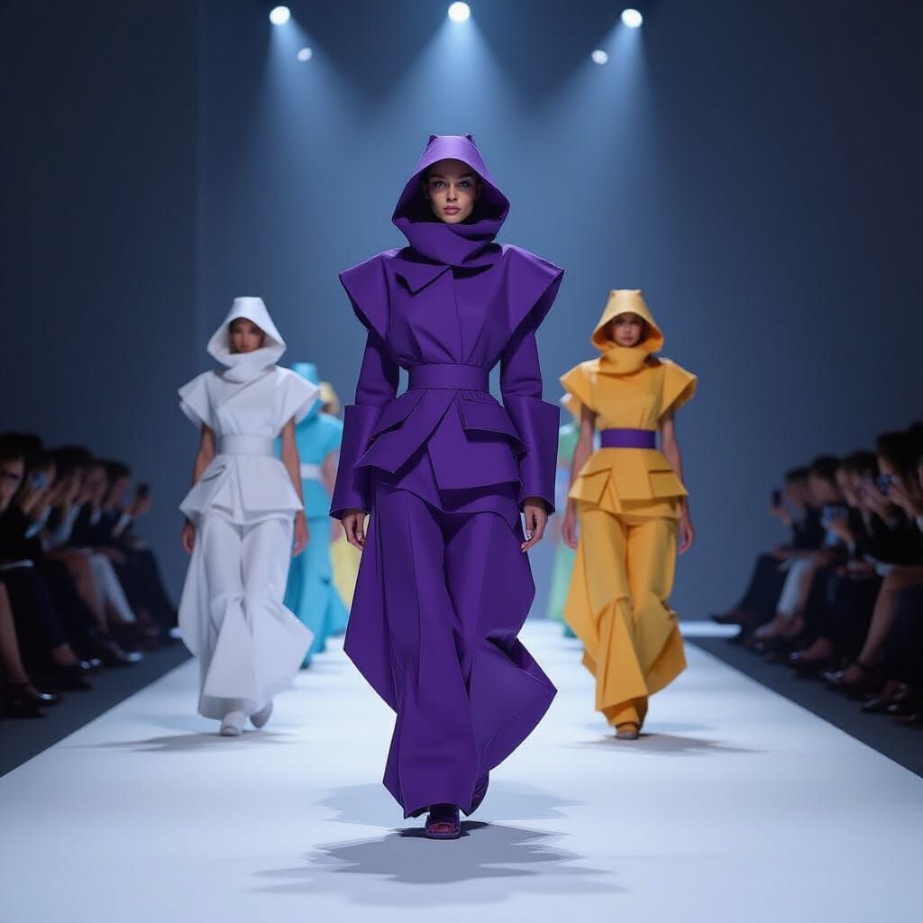 Abstract Paper Models on Runway in Cyberpunk Style