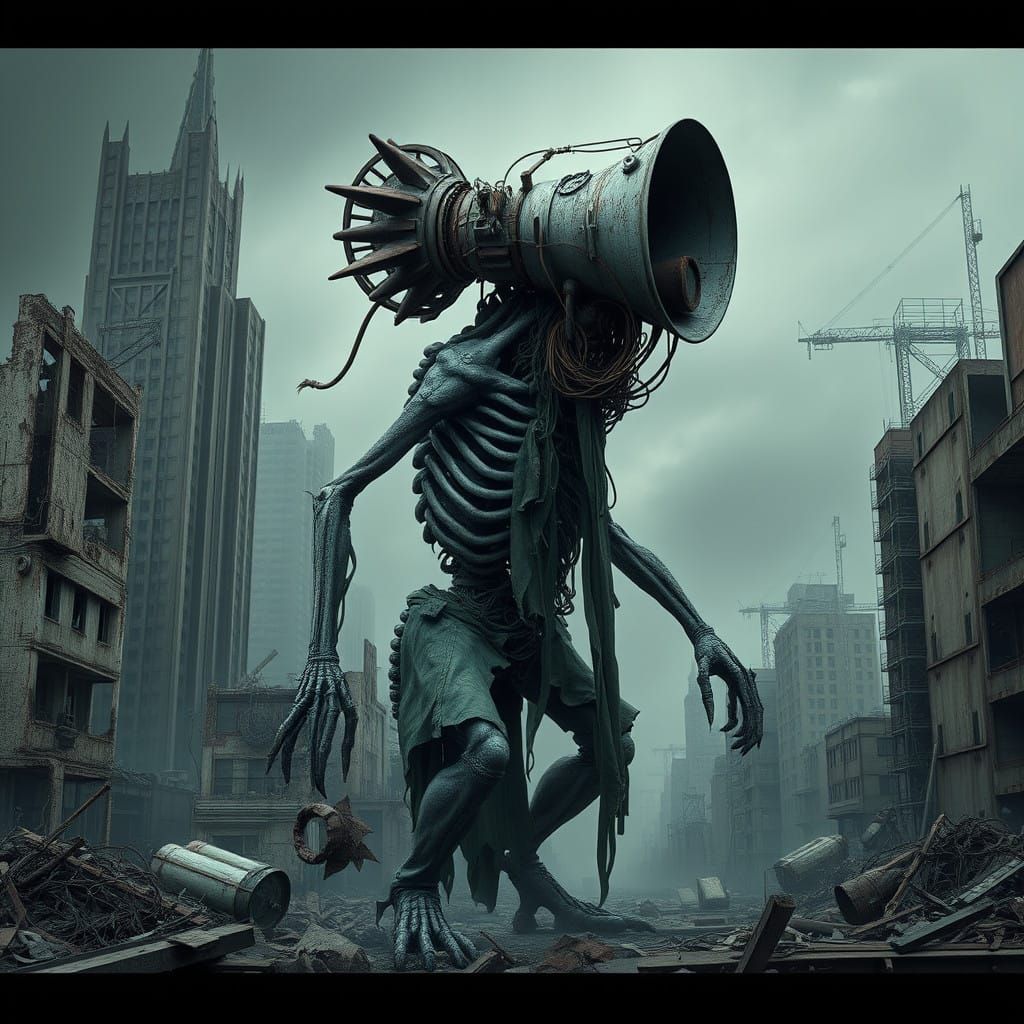 Colossal, Twisted Creature in Ruined Cityscape