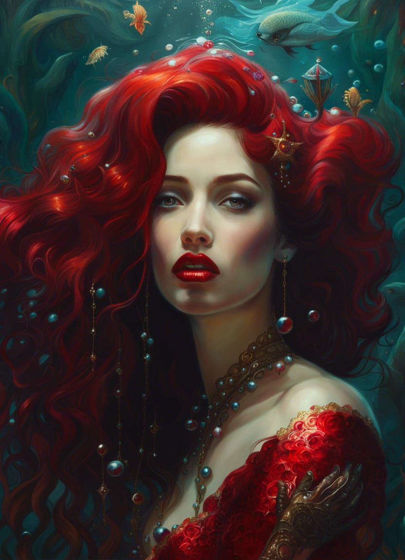 Gothic Mermaid with Red Hair in Underwater Fantasy