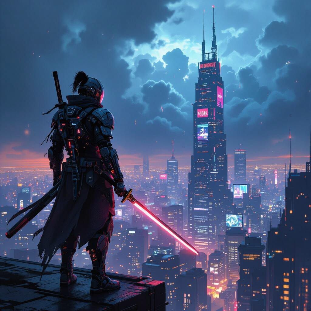 Cyberpunk Ronin Overlooking Neon Metropolis