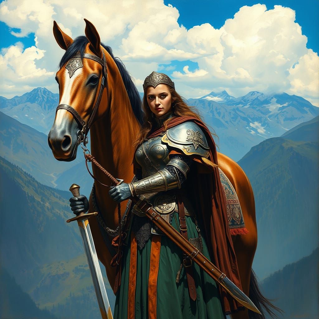 A breathtaking digital photograph captures a stunning warrior woman standing proudly against the backdrop of majestic mo...