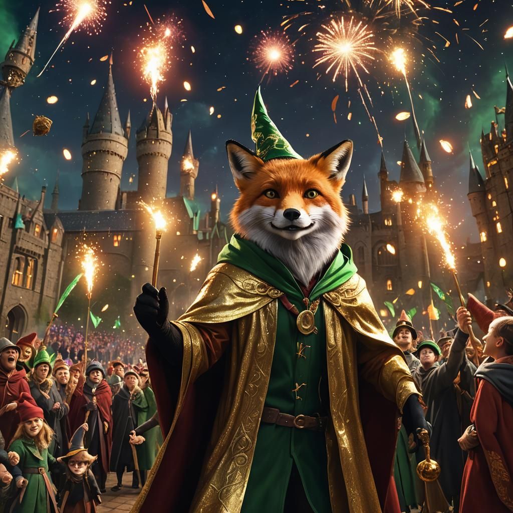 Fox Wizard in Hogwarts Arena, Hyperrealistic Digital Art