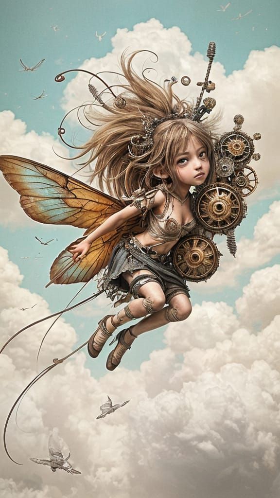 Flying Pixie with Mismatched Wings in Mixed Media Style