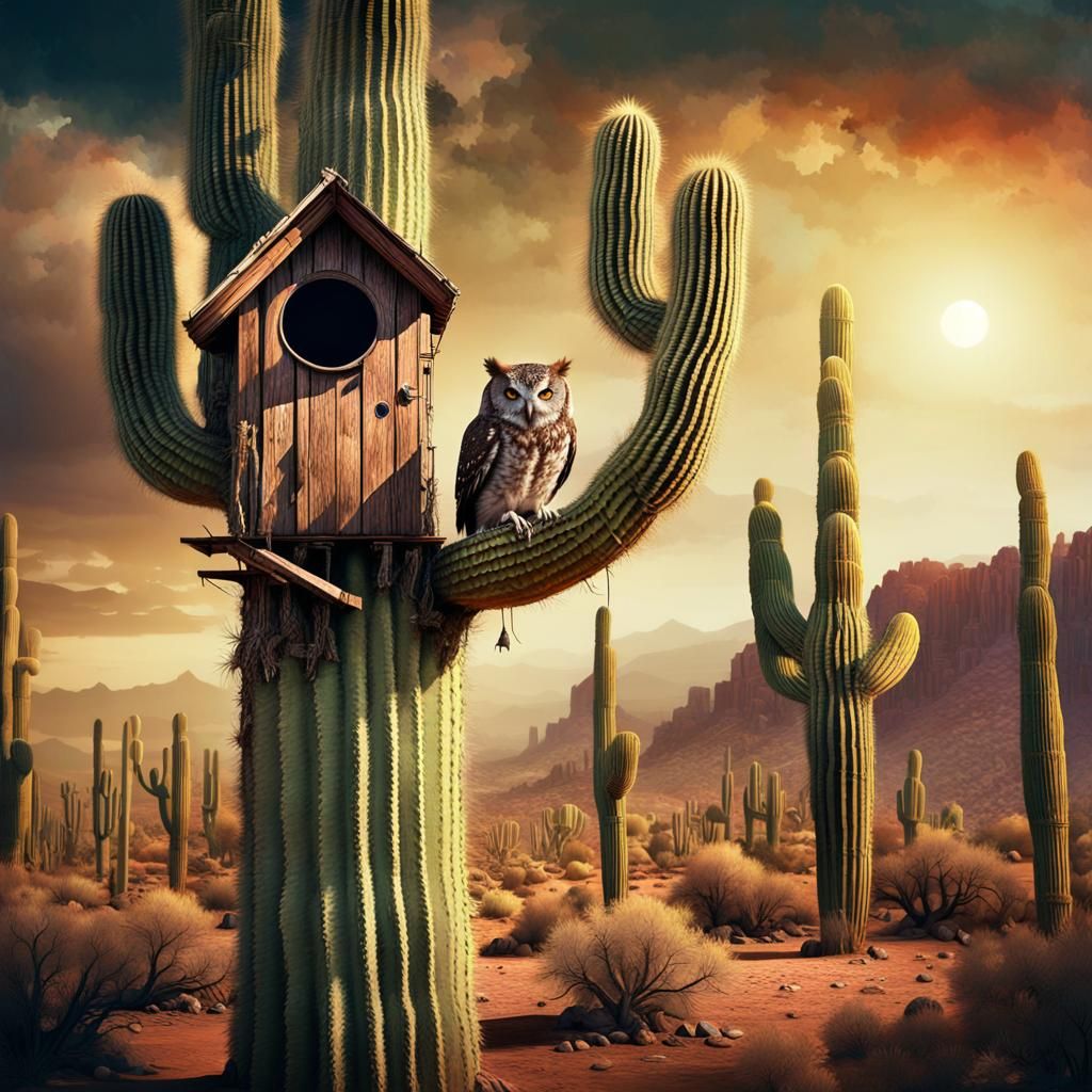 Screech Owl in Saguaro Cactus Treehouse