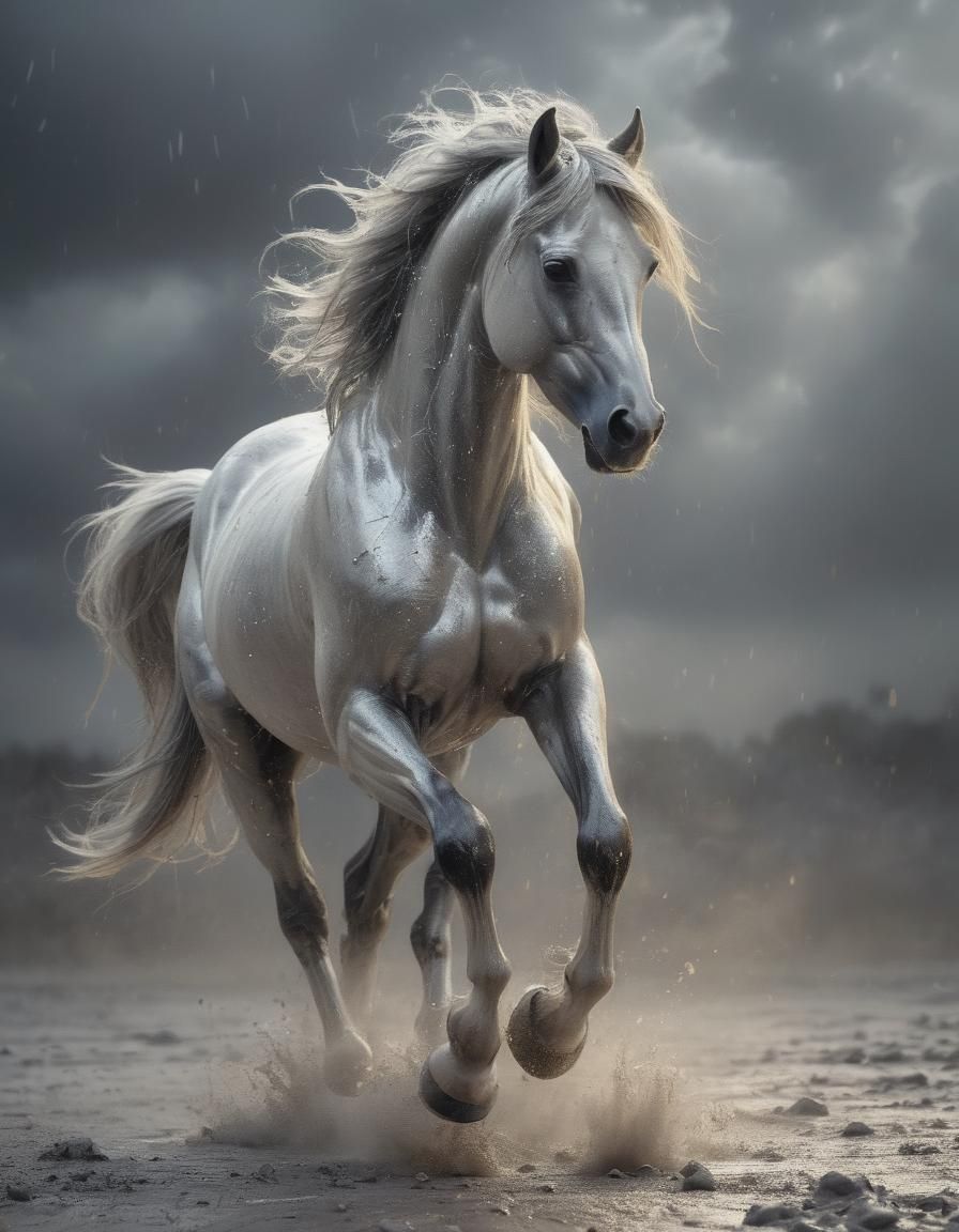 Horse prancing through a silver storm, hyper detailed, glowi...