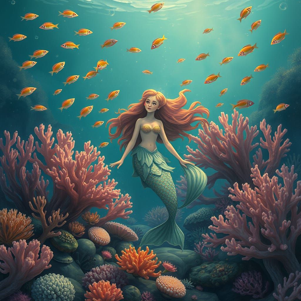 Dreamy Mermaid in Coral Reef, Vibrant Illustration