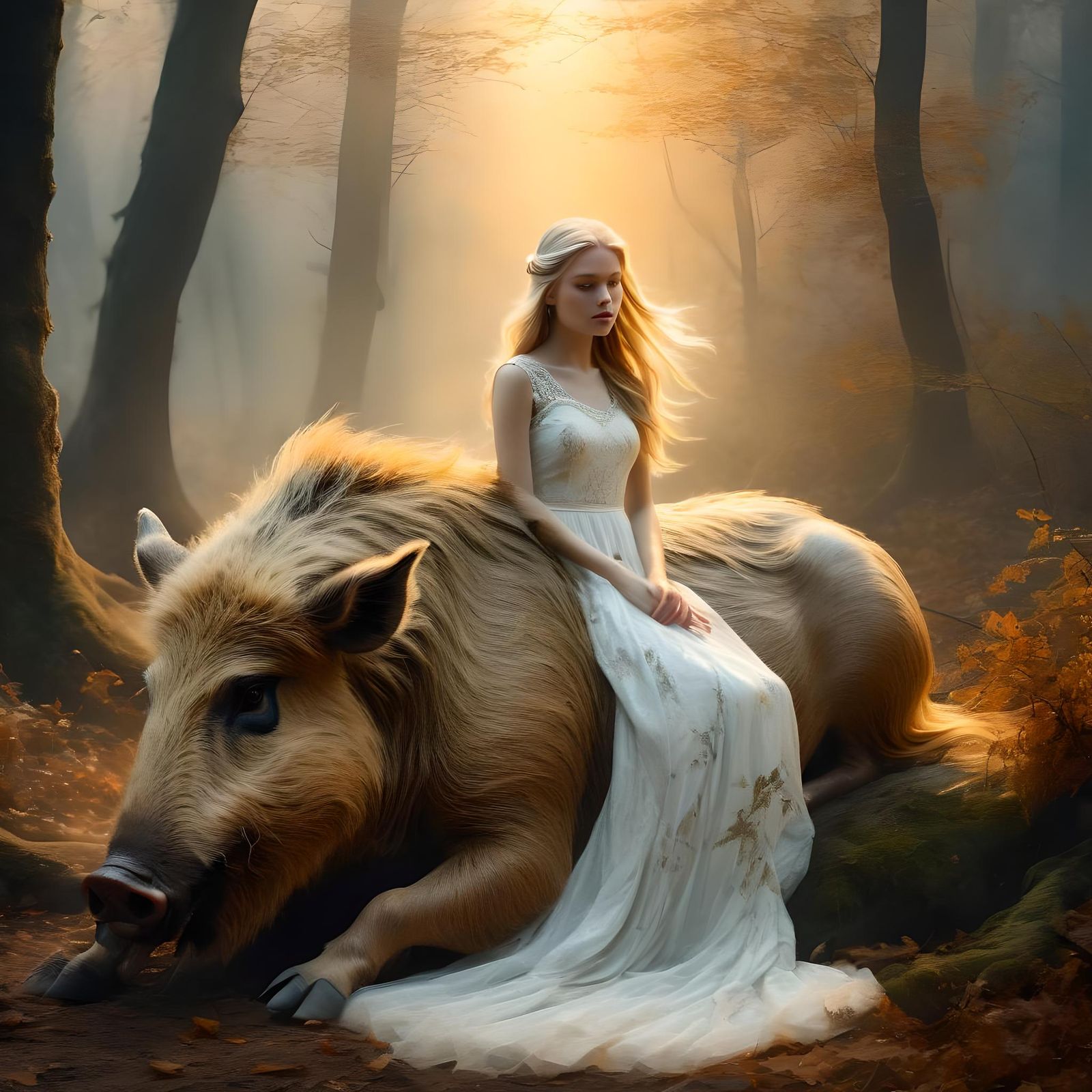 Woman Rides Giant Wild Boar in Fantasy Setting