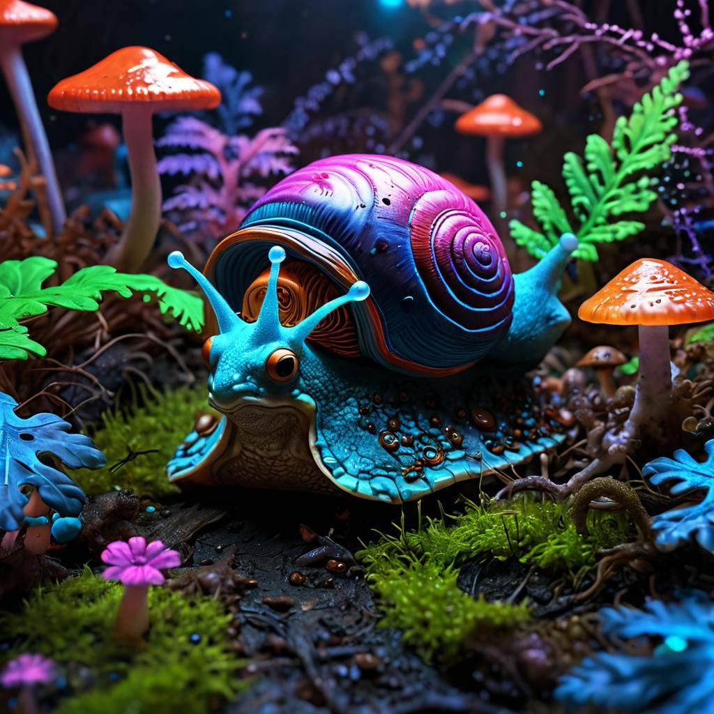 Psychedelic Snail with Bioluminescent Mushrooms