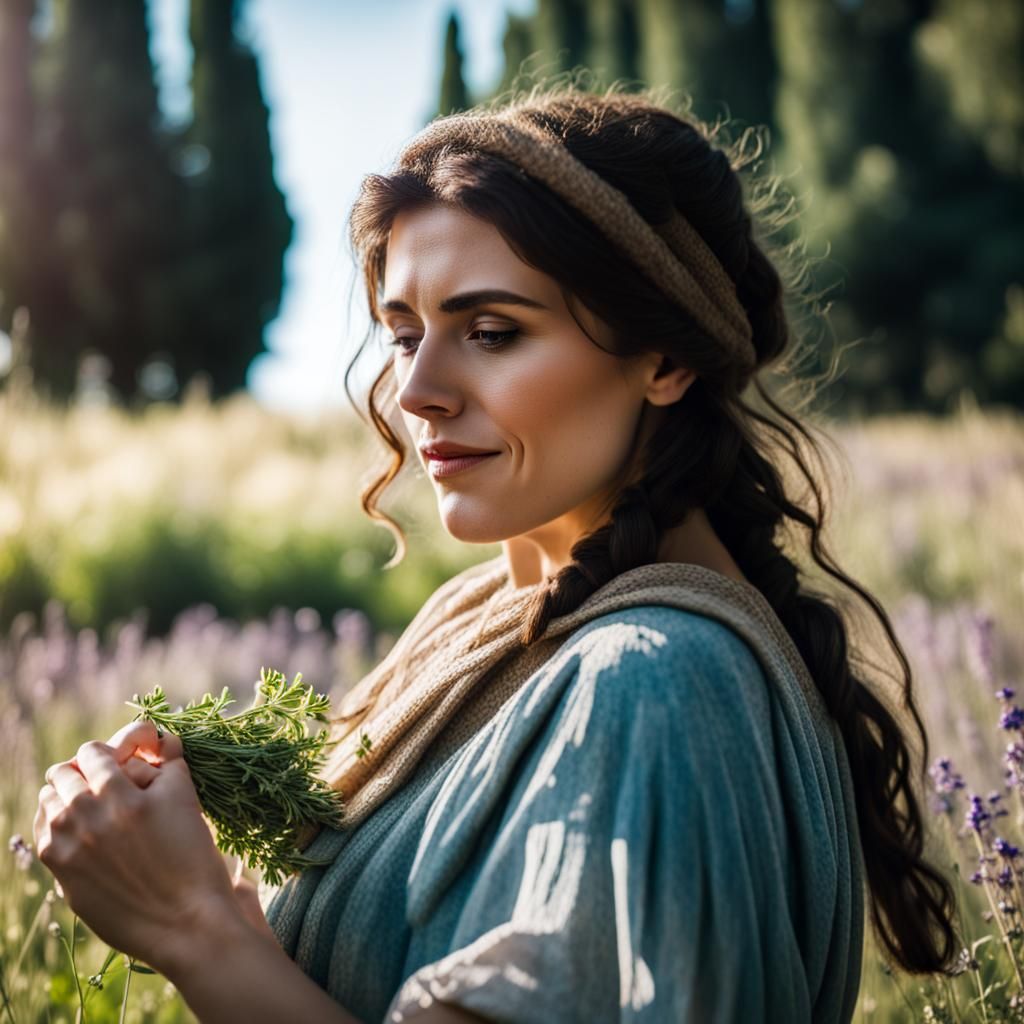 Ancient Greek Woman Gathering Herbs in Meadow