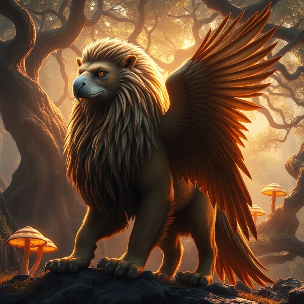 Lion and Eagle Hybrid in Dreamlike Forest