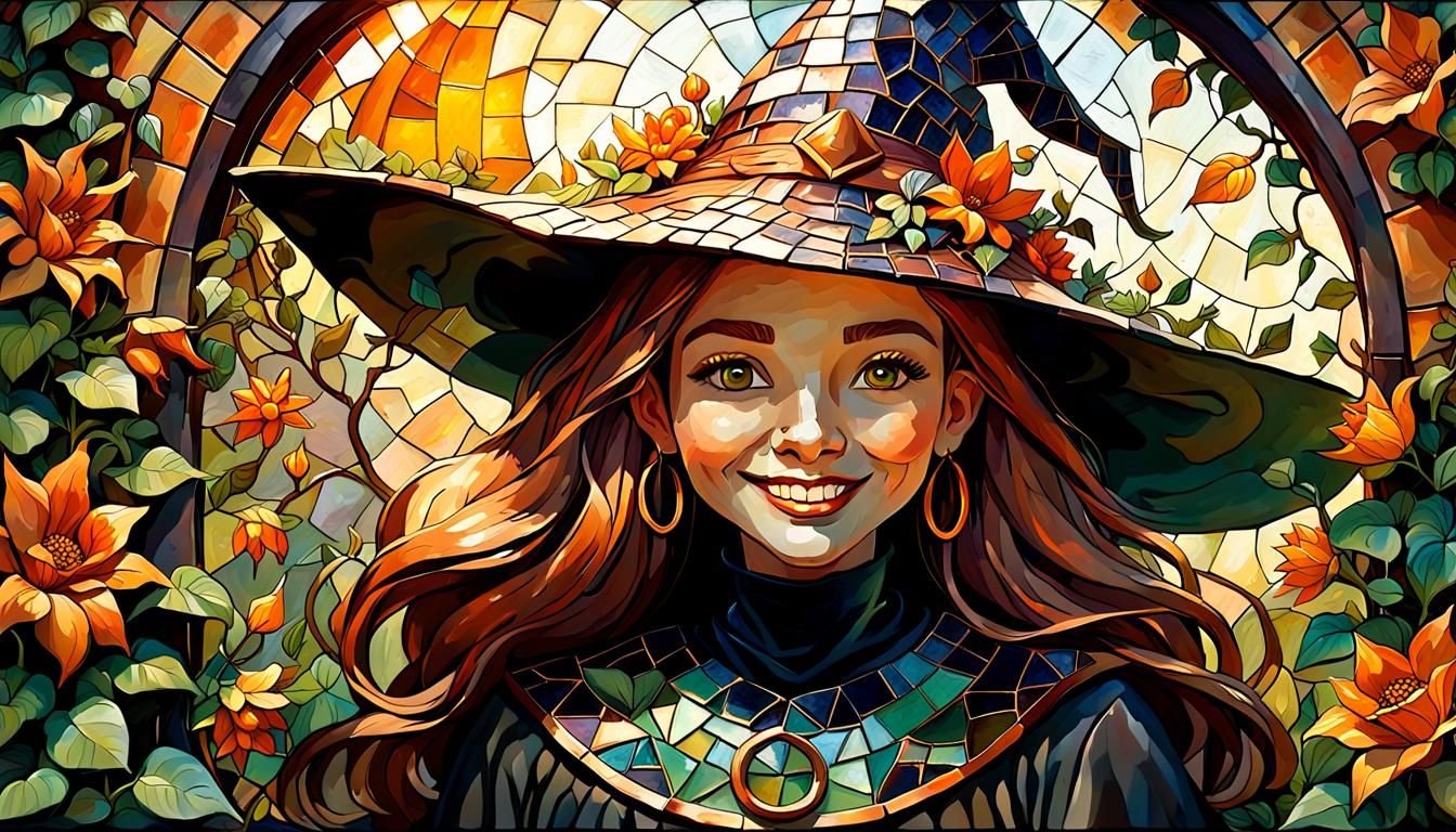 Mosaic Portrait of a Smiling Young Witch