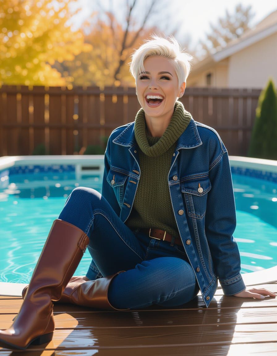 Woman Enjoys Autumn Swim on Wooden Deck